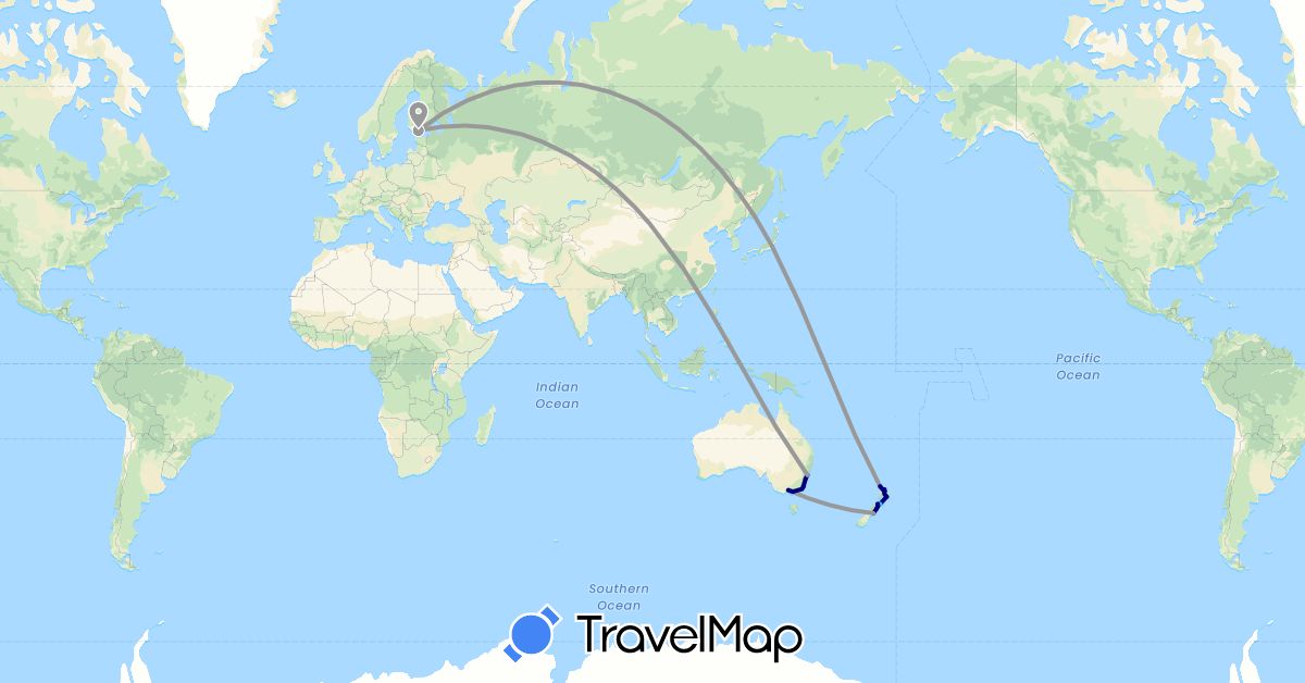 TravelMap itinerary: driving, plane, boat in Australia, Finland, Japan, New Zealand (Asia, Europe, Oceania)